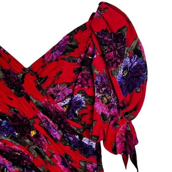 Liancarlo Ruched Cocktail Dress Womens 10 Red Floral Silk Puff Sleeve Elegant - Picture 9 of 16